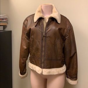 Brown leather bomber jacket with faux fur lining